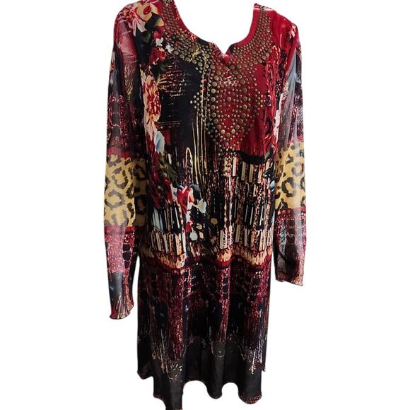 Caleaas Womens Plus Size 3X Red Long Sleeve Midi Dress Grommets & Jewel Neckline - Picture 2 of 12